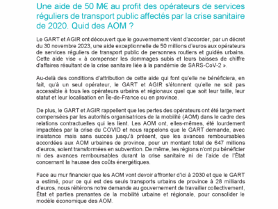 Communiqué de presse d'AGIR Transport sur une aide de 50 millions d'euros au profit des opérateurs de services réguliers de transport public.