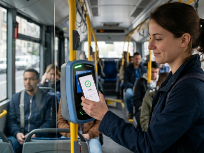 Personne qui valide son titre de transport dans un bus