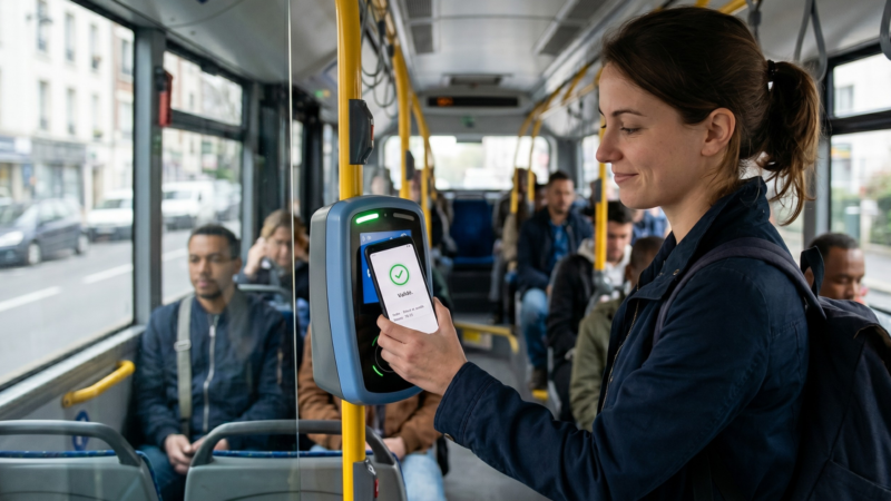 Personne qui valide son titre de transport dans un bus